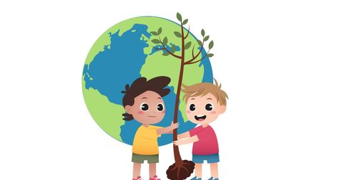 Children Planting Tree with Earth Symbol
