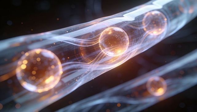 Glowing translucent tubes carrying golden orbs in abstract luminous filament flow