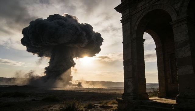 Mushroom cloud rising over arid plain with backlit ruined stone archway at sunset