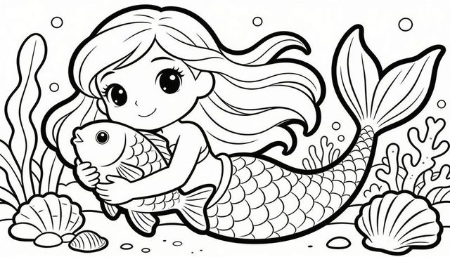 Smiling mermaid hugging large fish coloring page - cute underwater scene for kids