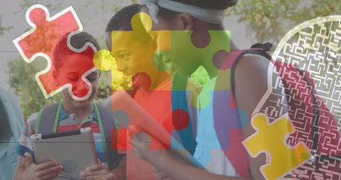 Smiling Students Collaborating in Sunlit Park