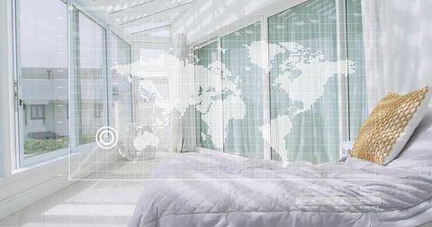 Sunlit glass bedroom showing world map hud overlay for smart home travel concept