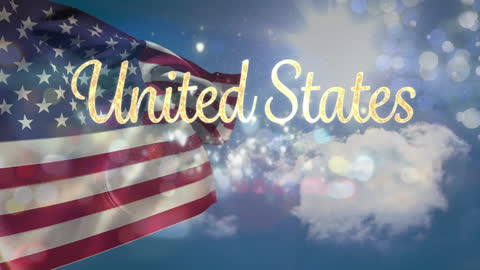 Glowing United States Text Overlaid on Waving Flag Backdrop