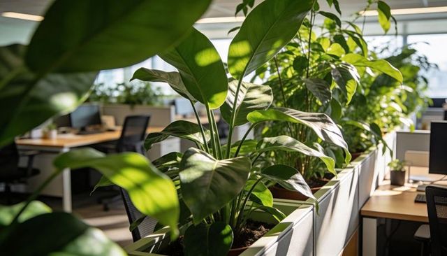 Sunlit open-plan workspace featuring tropical philodendron planters for biophilic office