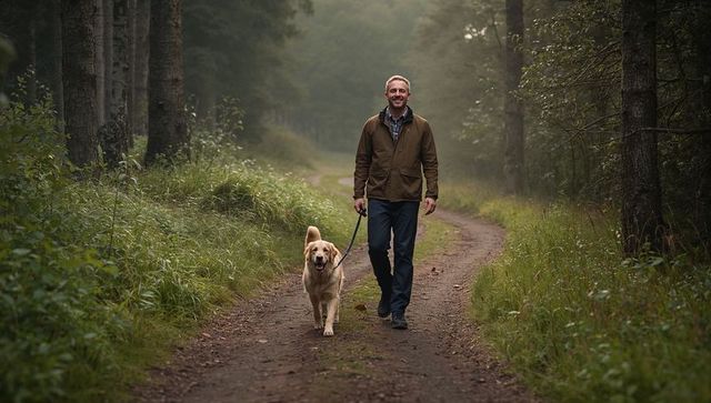 Smiling man walking golden retriever on misty forest trail during peaceful morning