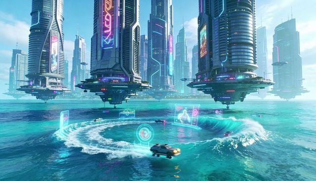 Neon towers and hover vehicles creating turquoise whirlpool in futuristic ocean city