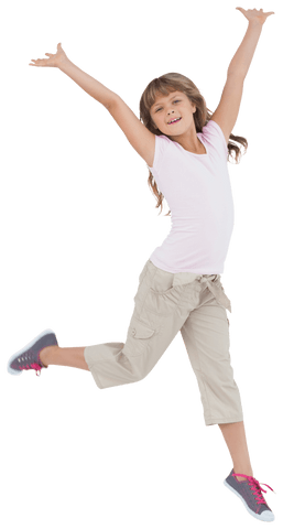 Joyful child jumping with outstretched arms transparent background