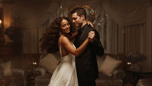 Romantic couple dancing in chandelier-lit parlor, white gown flowing, black tuxedo elegance