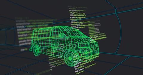 Futuristic Wireframe Van in Digital Tunnel: Tech Innovation and Security