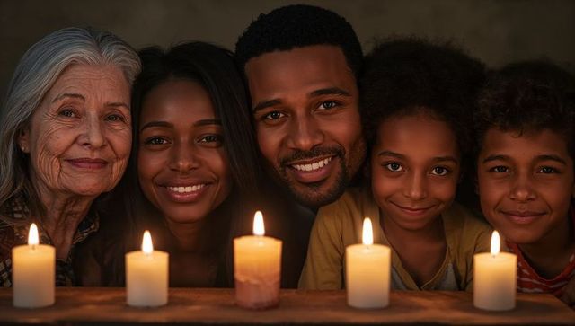Multigenerational family gathering around candlelight, cozy intimate evening at home