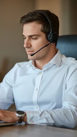 Smiling call center agent making call and adjusting headset at laptop - vertical video
