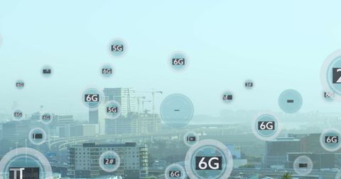 Futuristic icons overlay modern urban skyline