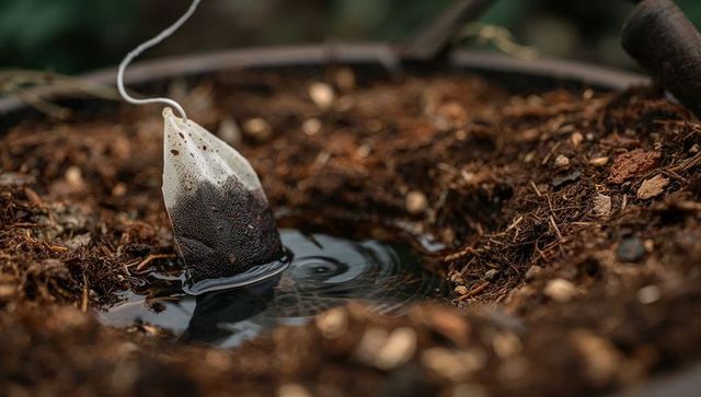 Tea bag dangling over planter puddle with ripples closeup macro potting soil texture