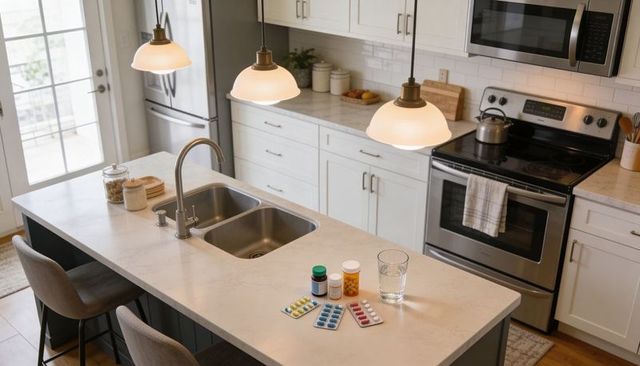 Marble kitchen island displaying medicine bottles and glass of water in modern kitchen