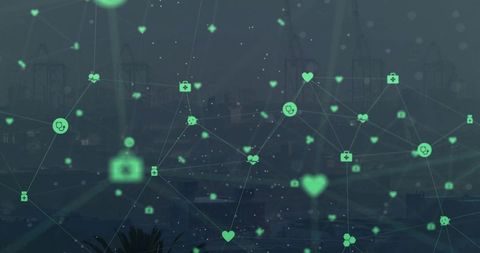 Digital Medical Network Over an Urban Landscape at Dusk