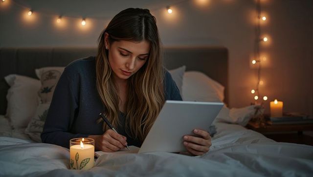 Woman Enjoying Cozy Evening with Tablet and Notepad