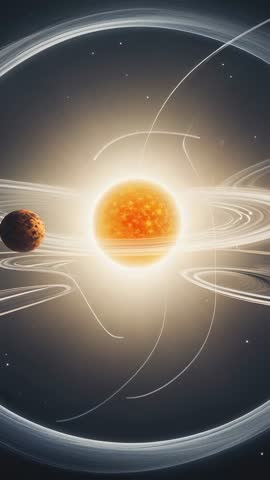 Pulsing Star Rotating Rings Orbiting Planet Vertical Space Loop for Futuristic Background