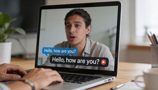 Typing hands on laptop during online language practice with speech bubbles and playback