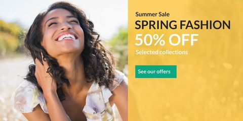 Joyful Woman Celebrating Spring Fashion Sale with Bright Smile - Download Free Stock Templates Pikwizard.com