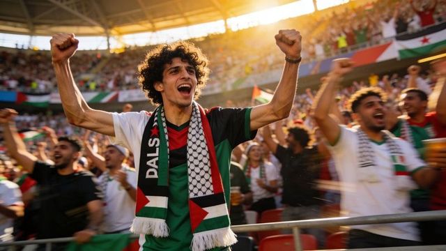 Middle-eastern football fan celebrating with keffiyeh scarf and raised fists in stadium