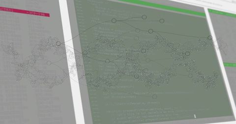 Futuristic network graph overlay in high-tech workspace