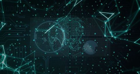Projecting Holographic Teal Globe HUD Pulsing with Digital Nodes, Mesh and Circuitry