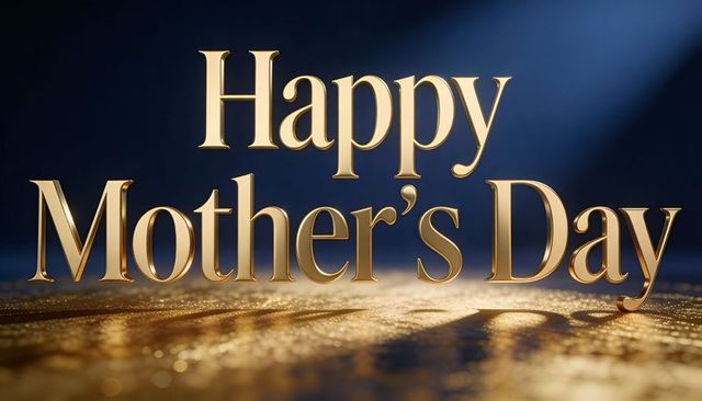 Golden 3D Happy Mother's Day Text on Glitter Platform with Warm Spotlight and Reflection