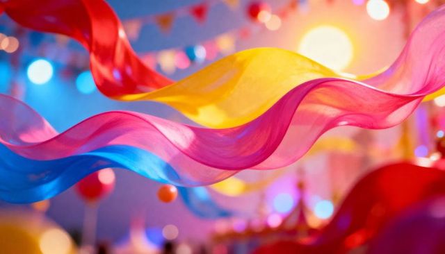 Flowing sheer colorful ribbons creating festive atmosphere with bokeh lights