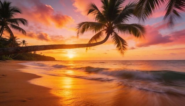 Golden sunset casting warm glow on tropical beach with leaning coconut palm