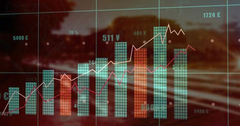 Dynamic financial dashboard showing neon bar columns and rising trend lines over highway