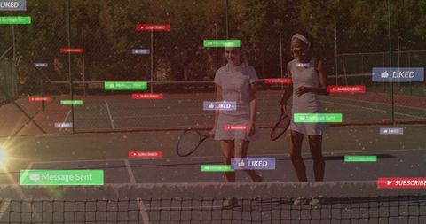 Women on Tennis Court with Interactive Social Media Icons