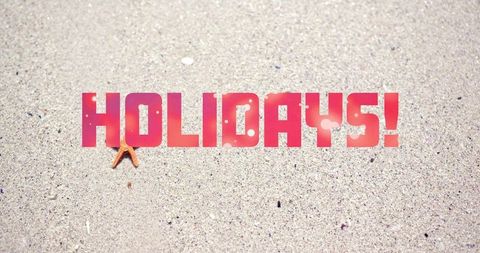 Holidays text on sandy beach with starfish design