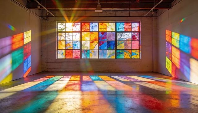 Sunlight Streaming Through Multi-Pane Stained Glass Window Casting Vivid Color Reflections