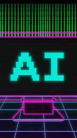 Looping Cyan Pixel AI Text Over Neon Laptop on Retrofuturistic Cyberpunk Grid Vertical Loop