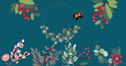 Colorful Floral and Butterfly Design on Blue Background