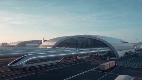 High-Speed Bullet Train Gliding into Futuristic Arched Terminal during Sunrise Commute
