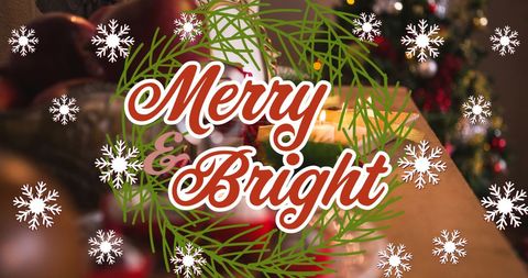 Merry and Bright Text with Festive Christmas Decorations