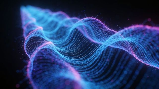 Flowing neon particle wave ribbon creating glowing digital grid and futuristic data stream