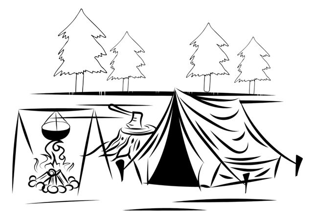 Composition of camping drawings on white background. Printable coloring pages maker concept digitally generated image.