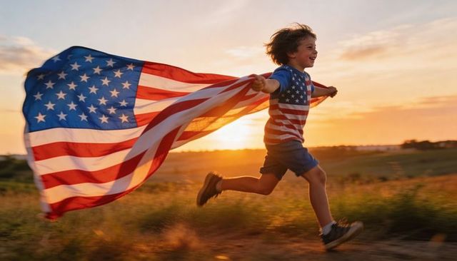 Running boy carrying large american flag at sunset celebrating patriotic freedom and joy