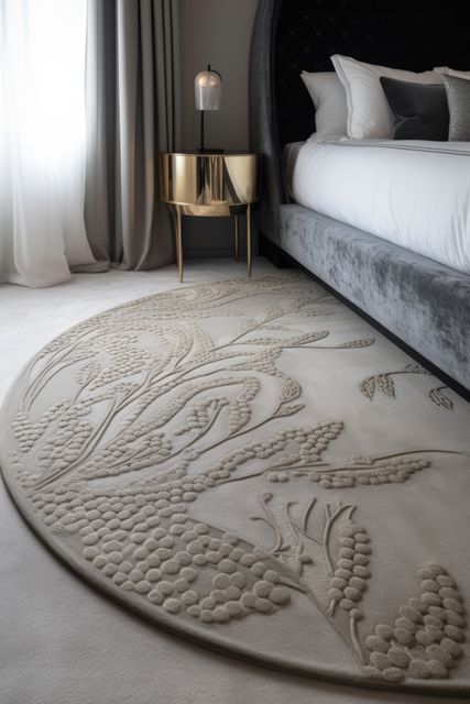 Beige round rug with floral pattern on floor in bedroom, created using generative ai technology. House interior design, decorations and textile concept digitally generated image.