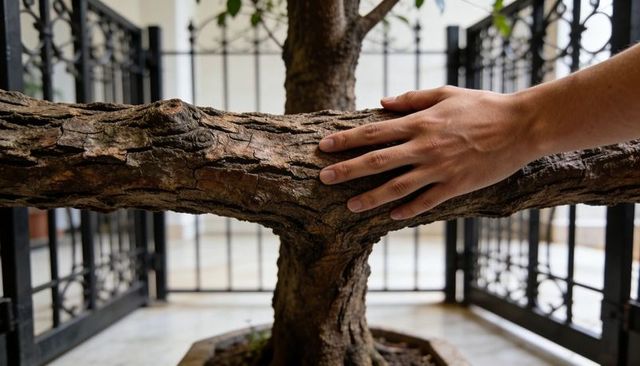 Hand touching mature tree trunk in walled courtyard emphasizing bark texture and care