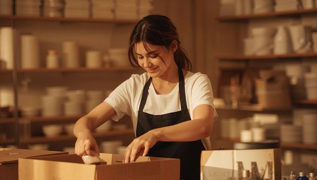 Young artisan packing handmade ceramic bowls for shipping in cozy pottery studio