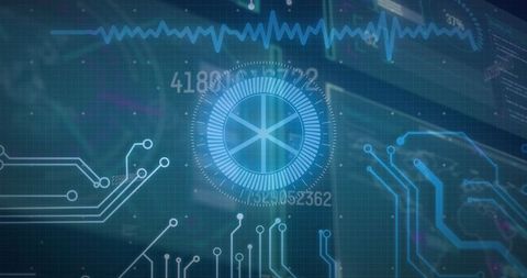 Digital data processing interface on blue tech background