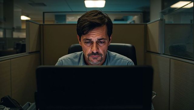 Late night office worker concentrating on laptop screen glow in dim cubicle