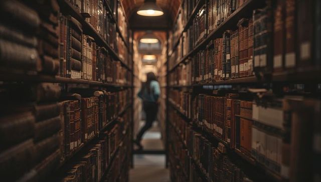 Student browsing historic library aisle between tall wooden shelves and ladder
