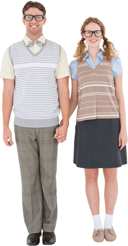 Transparent background happy hipster couple holding hands