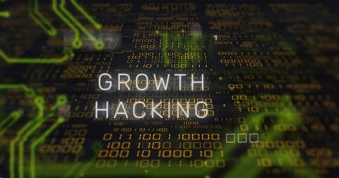 Growth hacking text overlaying neon circuitry with golden binary data and futuristic glows