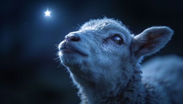 Gazing lamb tilting head toward star with dewy wool, reflective eye and soft night glow