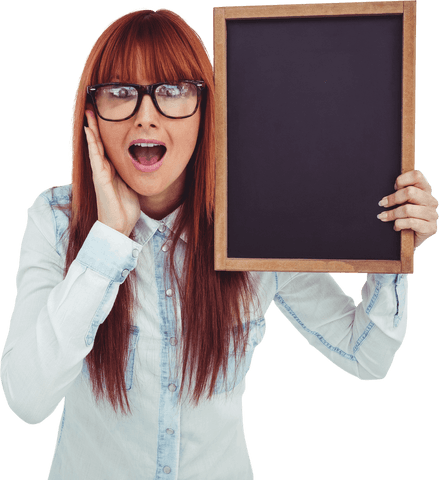 Excited Hipster Woman in Glasses Holding Transparent Blackboard